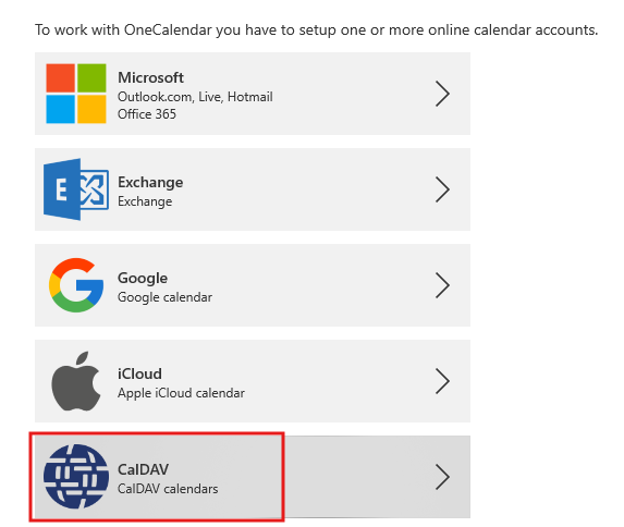 Figure 2 Select the **CalDAV** account type. 