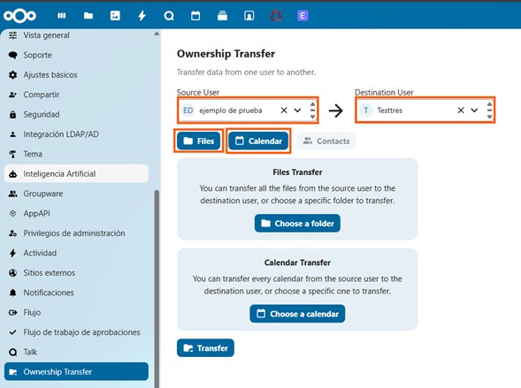 Selection of source and destination users and information type.