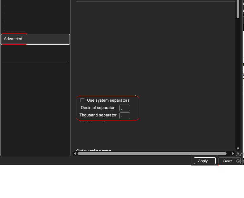 Figure 2 Configure the comma and period separator. 