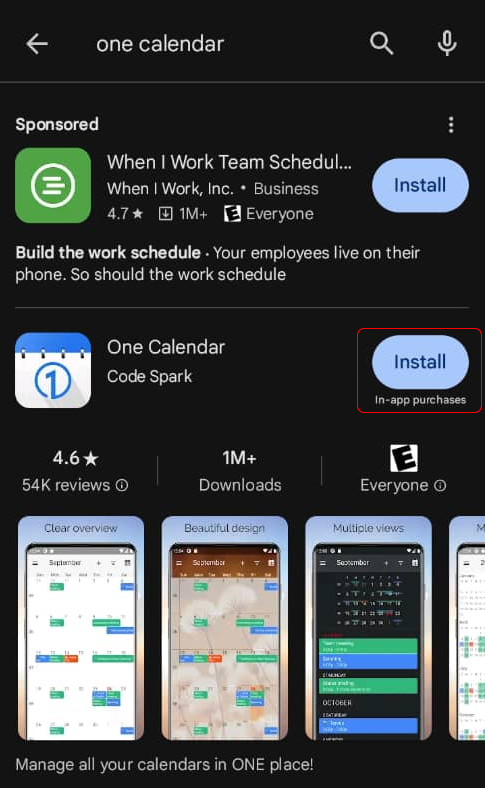 Figure 1 Install OneCalendar. 