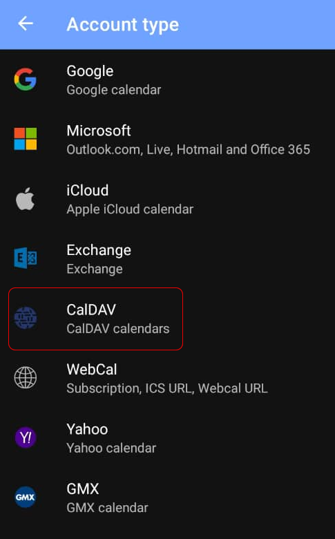 Figure 3 Select the **CalDAV** account type. 