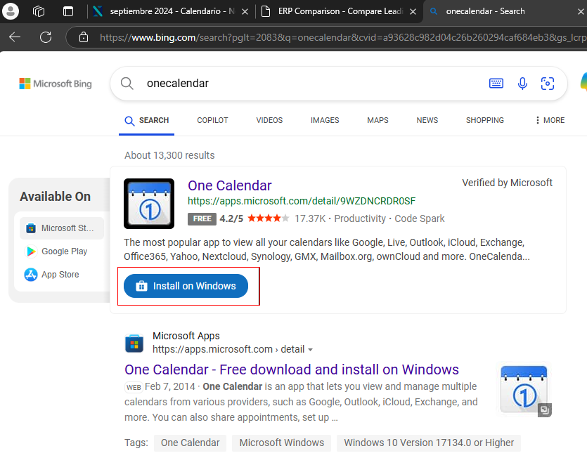 Figure 1 Instalar OneCalendar en la PC. 