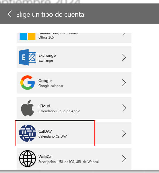 Figure 3 Elegir cuenta **CalDAV**. 