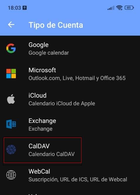 Figure 3 Elegir cuenta **CalDAV**. 