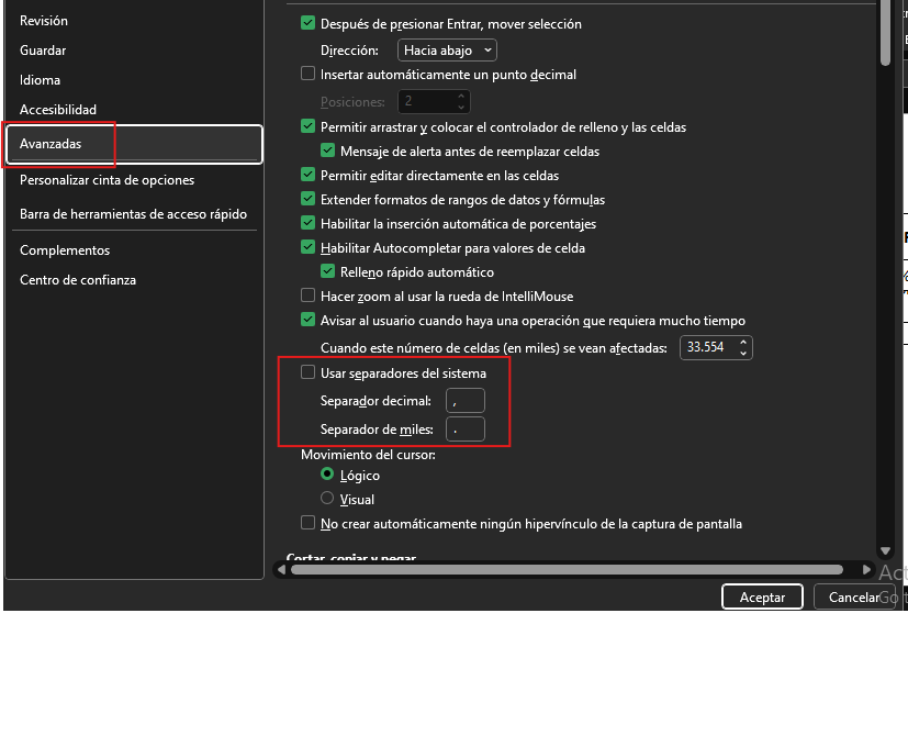 Figure 2 Configurar el uso de comas y puntos. 
