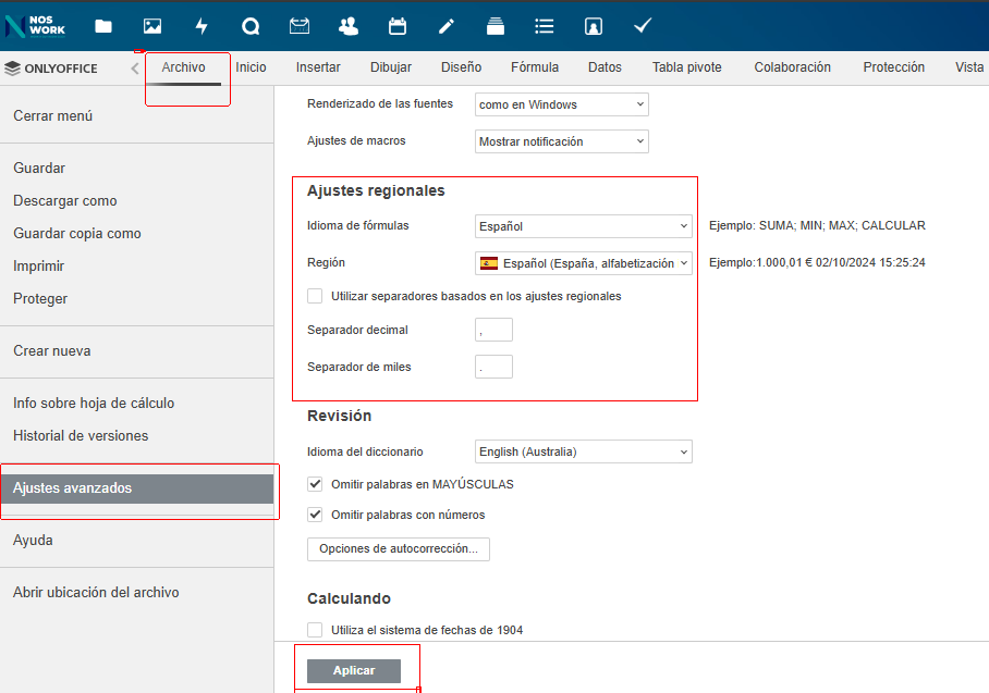 Figure 3 Configurar el uso de comas y puntos. 